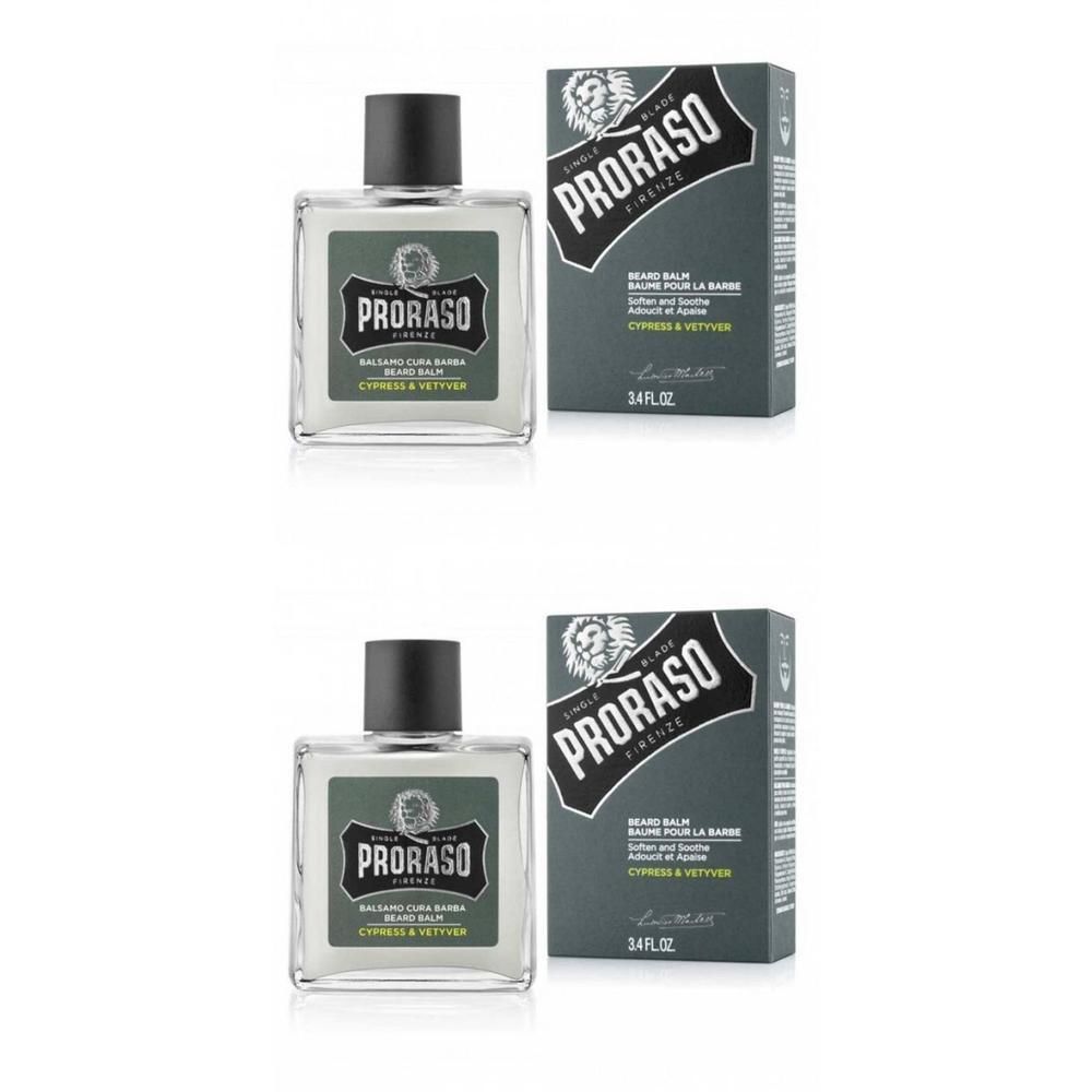 Baume à barbe Proraso dans un flacon transparent avec bouchon noir et boîte. Parfum : Cyprès & Vétiver.
