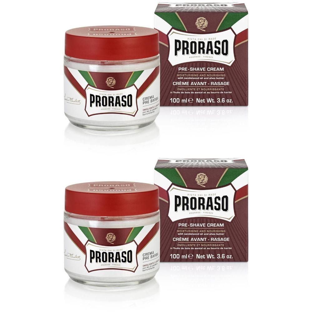 Deux pots de Crème Avant-Rasage Proraso Sandalwood avec couvercles rouges et boîtes.