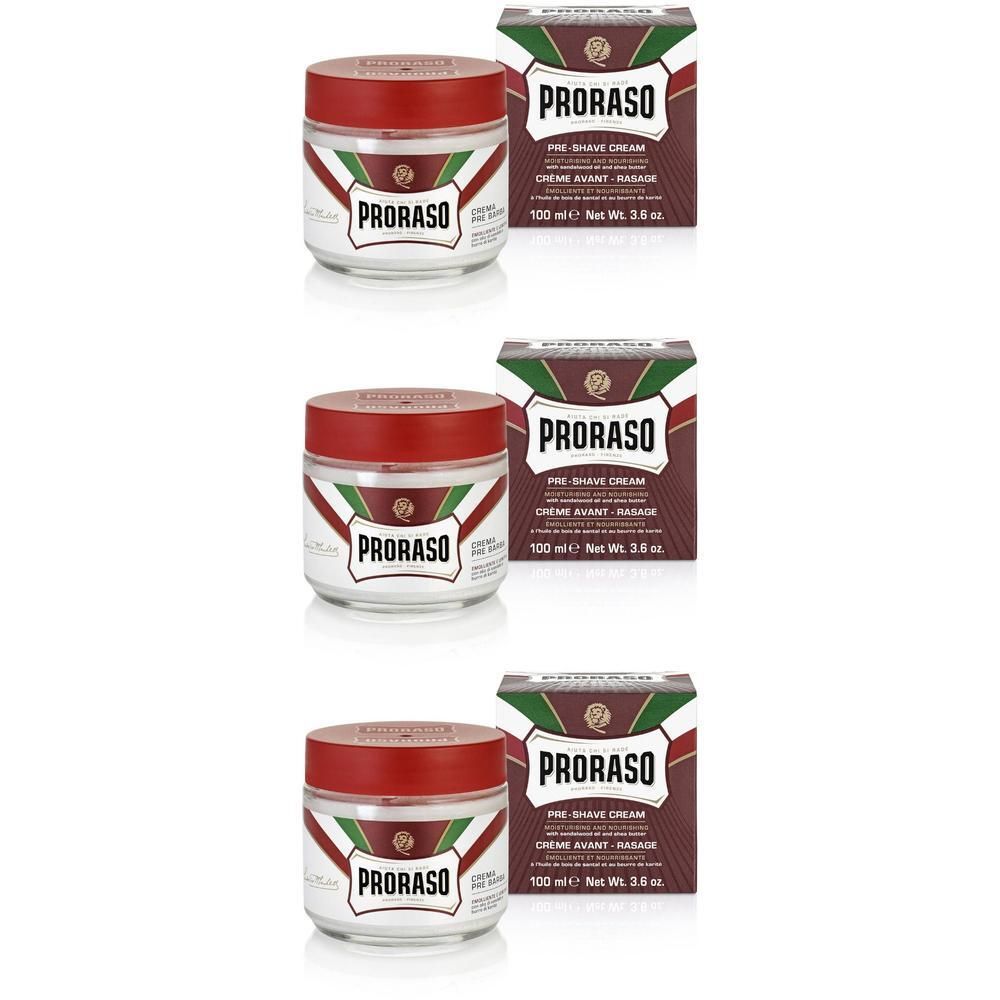 Drie Proraso Sandalwood Pre-Shave crèmes in potjes met rood deksel en doos.