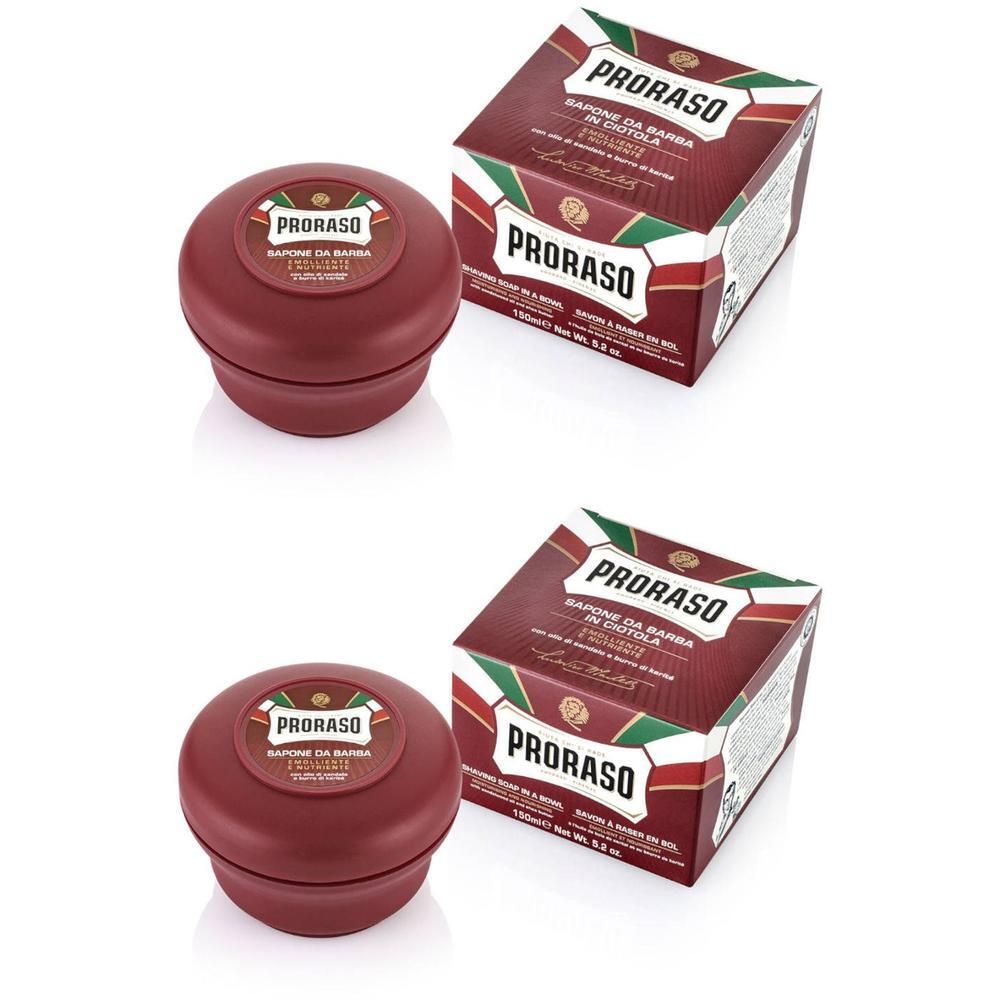 Savon à raser Proraso en bol, bois de santal. Bol et boîte rouge avec logo Proraso.