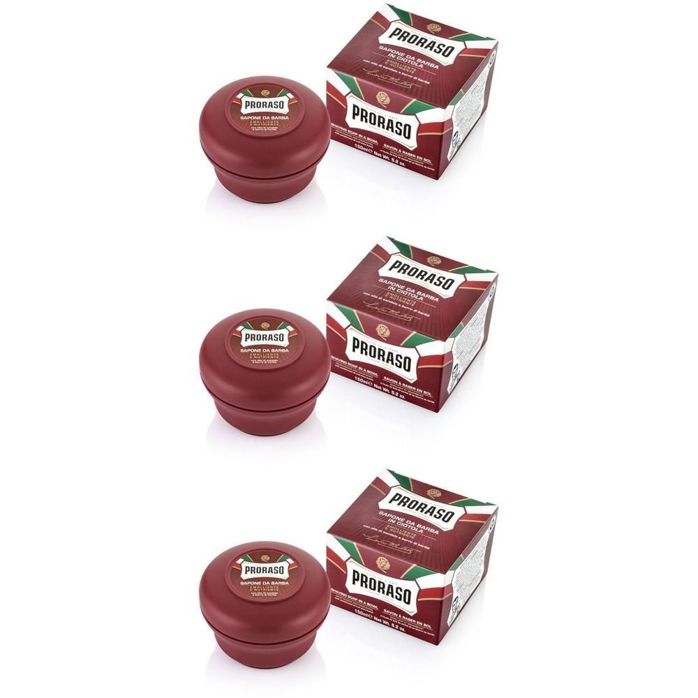 Trois bols de savon à raser Proraso avec leur boîte. Bol rouge foncé avec étiquette blanche.
