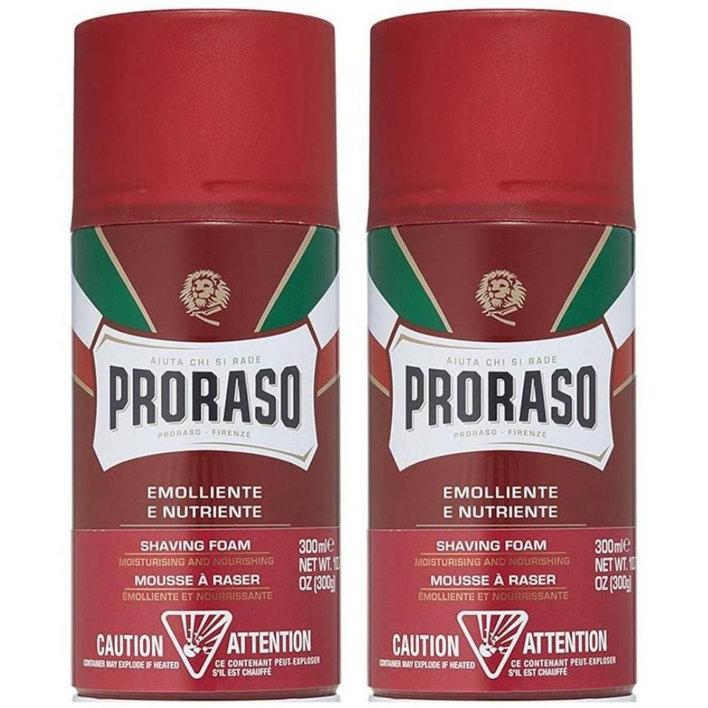 Deux boîtes de crème à raser Proraso, 300ml. Boîtes rouges avec étiquette blanche et verte, logo de lion et informations produit.