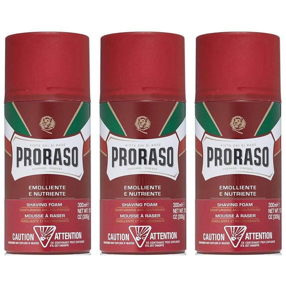 Trois bombes de crème à raser Proraso, rouges avec étiquette blanche et verte. Contient du bois de santal.