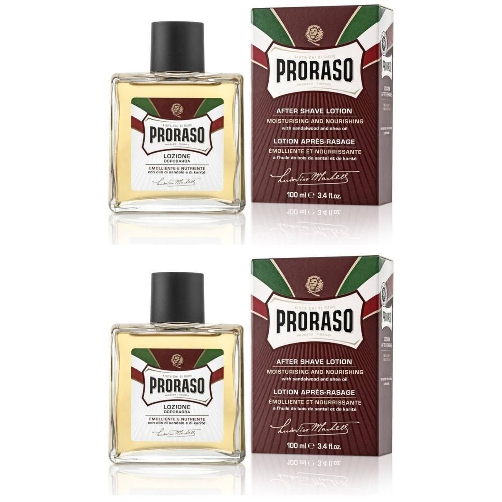 Proraso Sandalwood After Shave Lotion in glazen fles met zwarte dop en doos.