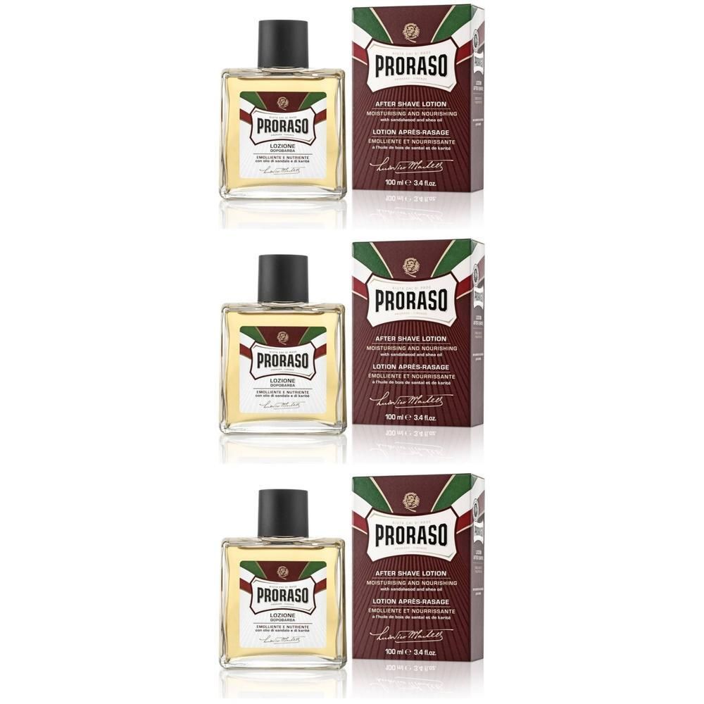 Drie flessen Proraso Sandalwood After Shave Lotion met doosjes.