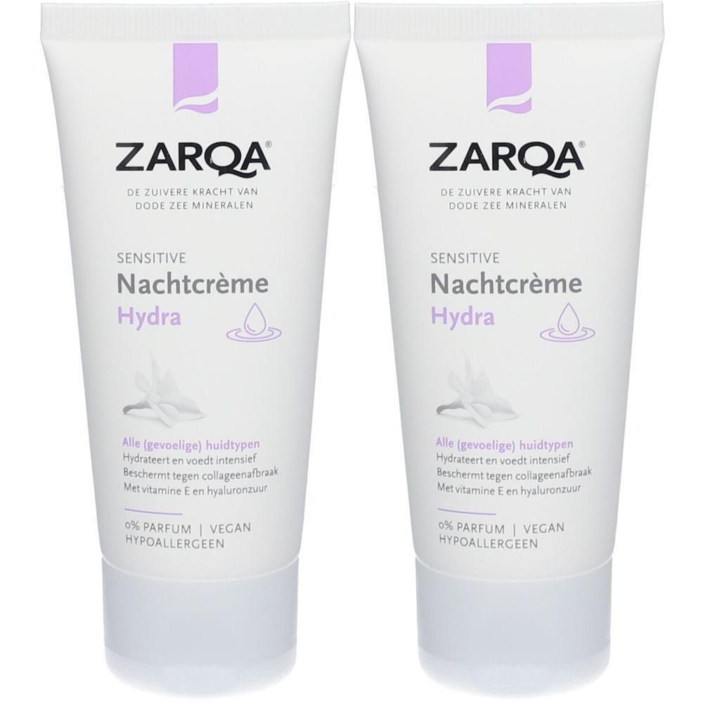 Twee tubes ZARQA Sensitive Nachtcrème Hydra met gedetailleerde productinformatie op de voorkant.
