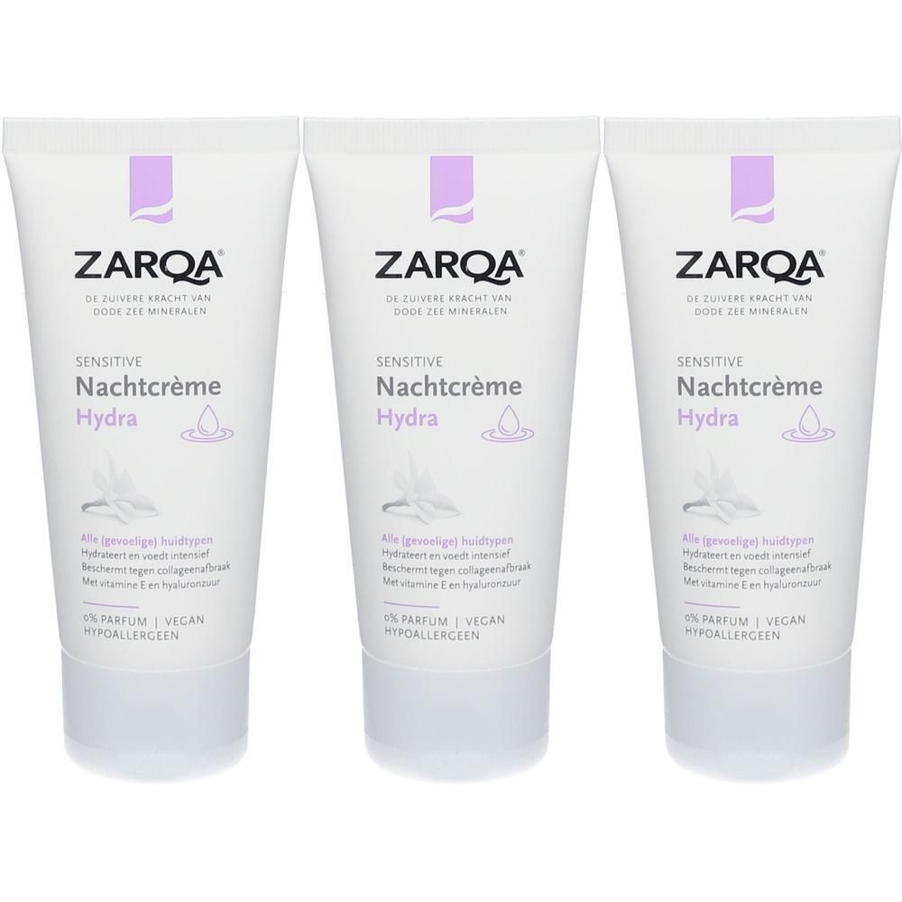 Drie tubes ZARQA Sensitive Nachtcrème Hydra met paars logo en witte tekst.