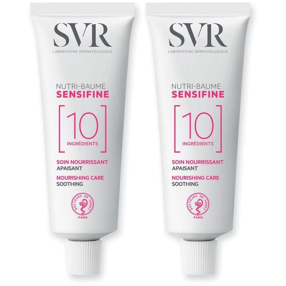 Twee witte SVR Sensifine Nutri-Baume tubes met rode en zwarte belettering.