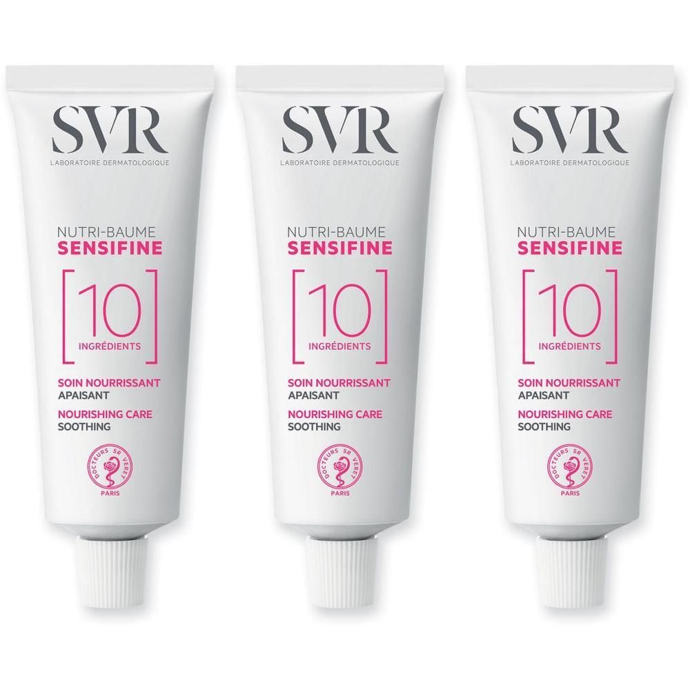 Drie tubes SVR Sensifine Nutri-Baume met 10 ingrediënten.