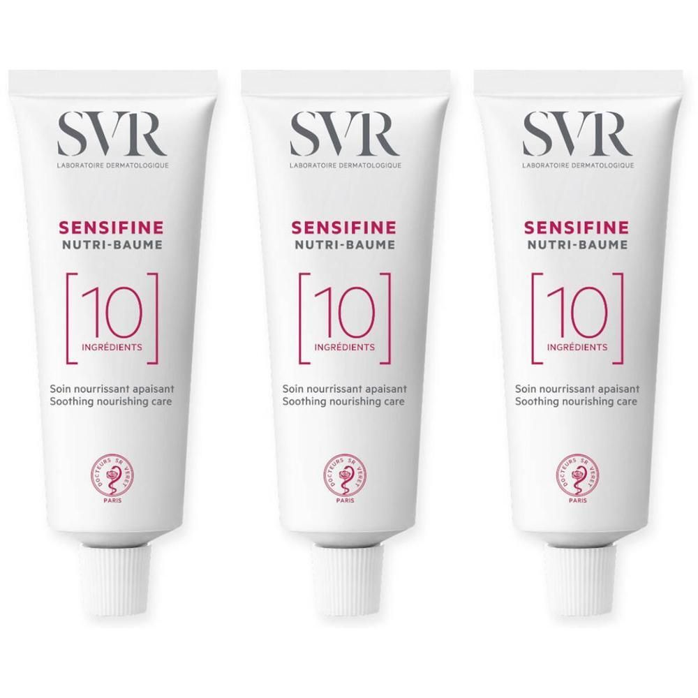Trois tubes blancs SVR Sensifine Nutri-Baume avec étiquette rouge indiquant "10 Ingredients".