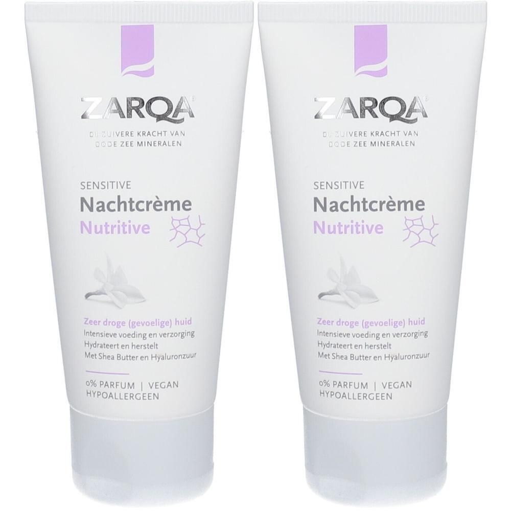 Deux tubes de crème de nuit nutritive ZARQA® Sensitive, hypoallergénique et sans parfum.