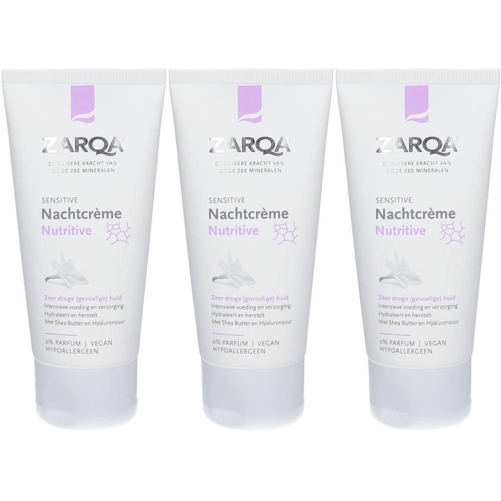 Drie tubes ZARQA Sensitive Nachtcrème Nutritive met Shea Butter en Hyaluronzuur. Hypoallergeen.