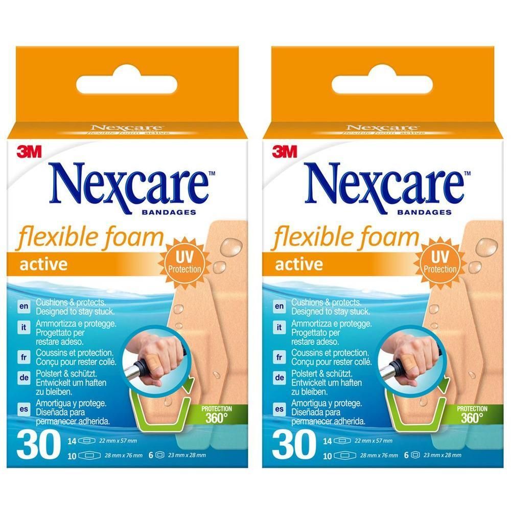 Deux paquets de pansements Nexcare Flexible Foam Active. Montre 30 pansements, 14x22mm et 6x28x57mm.