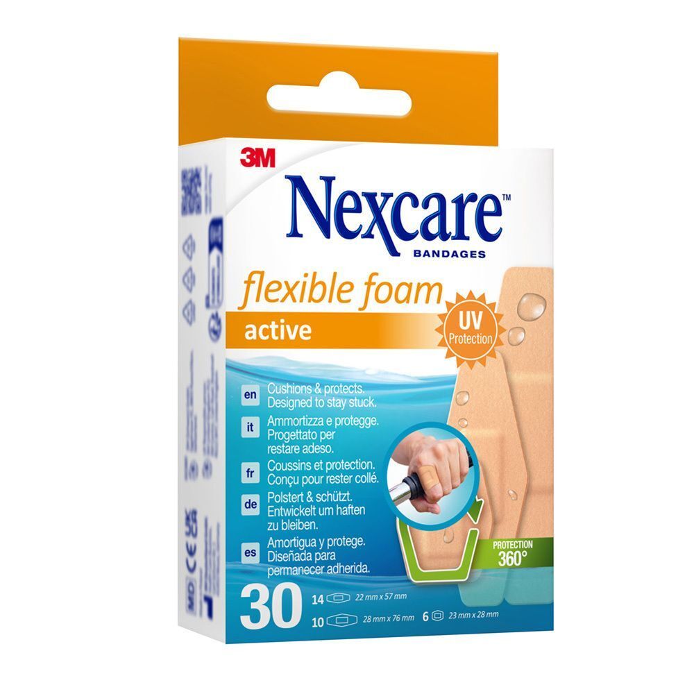 Een pak Nexcare Flexible Foam Active pleisters. Toont 30 pleisters, 14x22mm en 6x28x57mm.