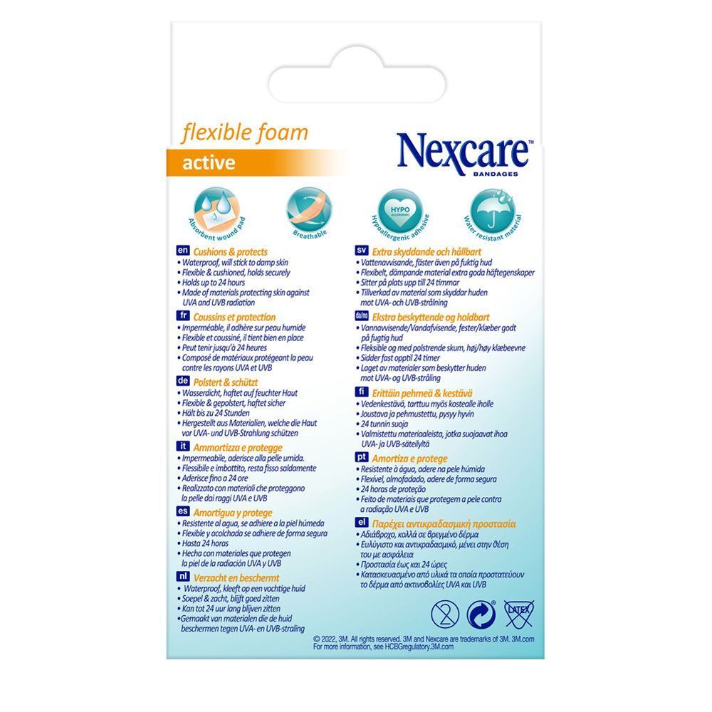 Arrière d'un paquet de pansements Nexcare Flexible Foam Active. Montre les informations produit et les icônes.