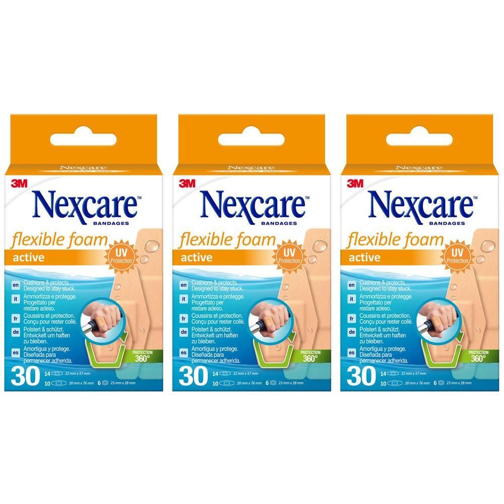 Trois paquets de pansements Nexcare Flexible Foam Active côte à côte.
