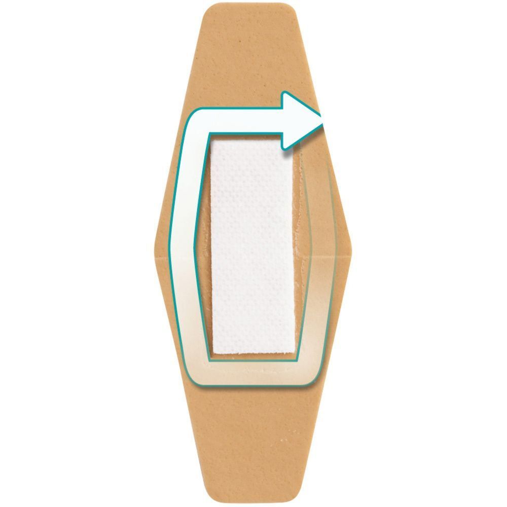 Een Nexcare Flexible Foam Active pleister met beschermfolie en pijl.