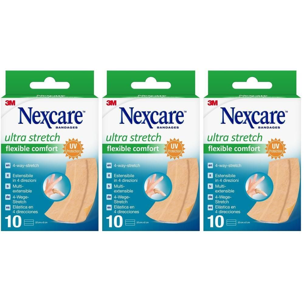 Trois paquets de pansements Nexcare Ultra Stretch, 10 pansements par paquet.