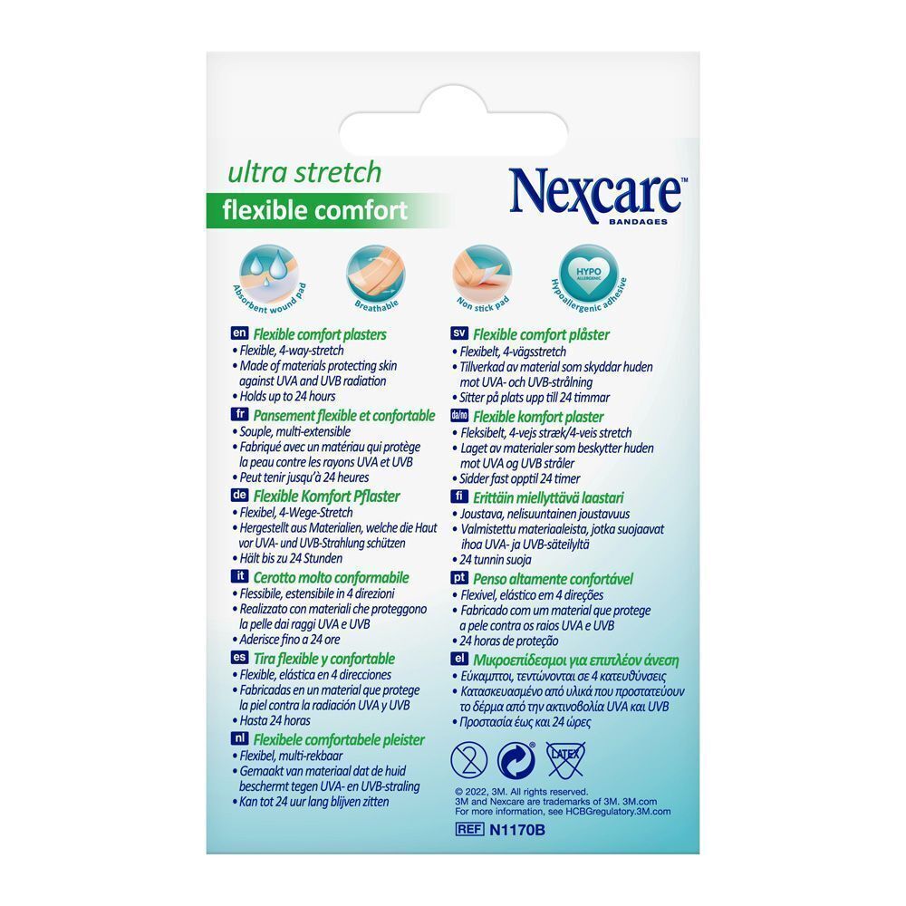 Arrière de l'emballage Nexcare Ultra Stretch pansements flexibles.