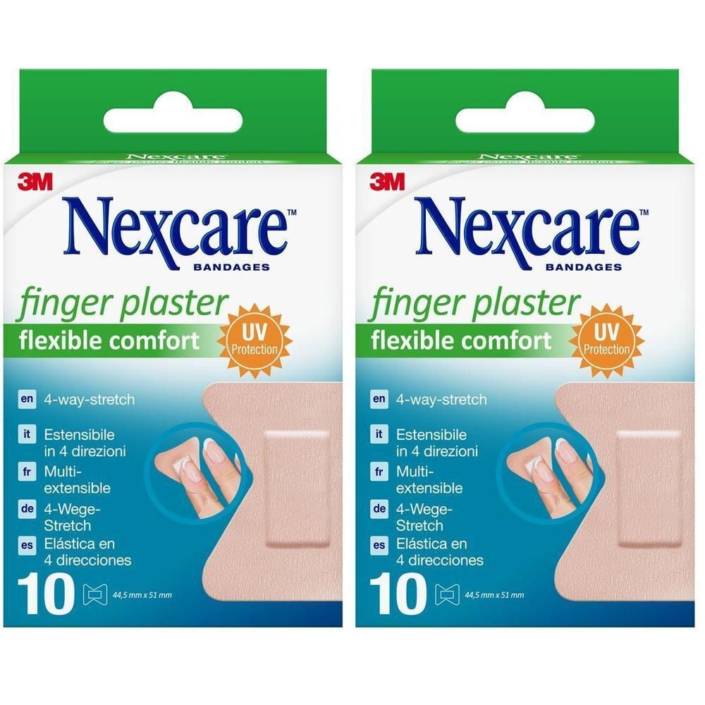 Twee pakken Nexcare vingerpleisters, 10 per pak. Flexibel en UV-bescherming.