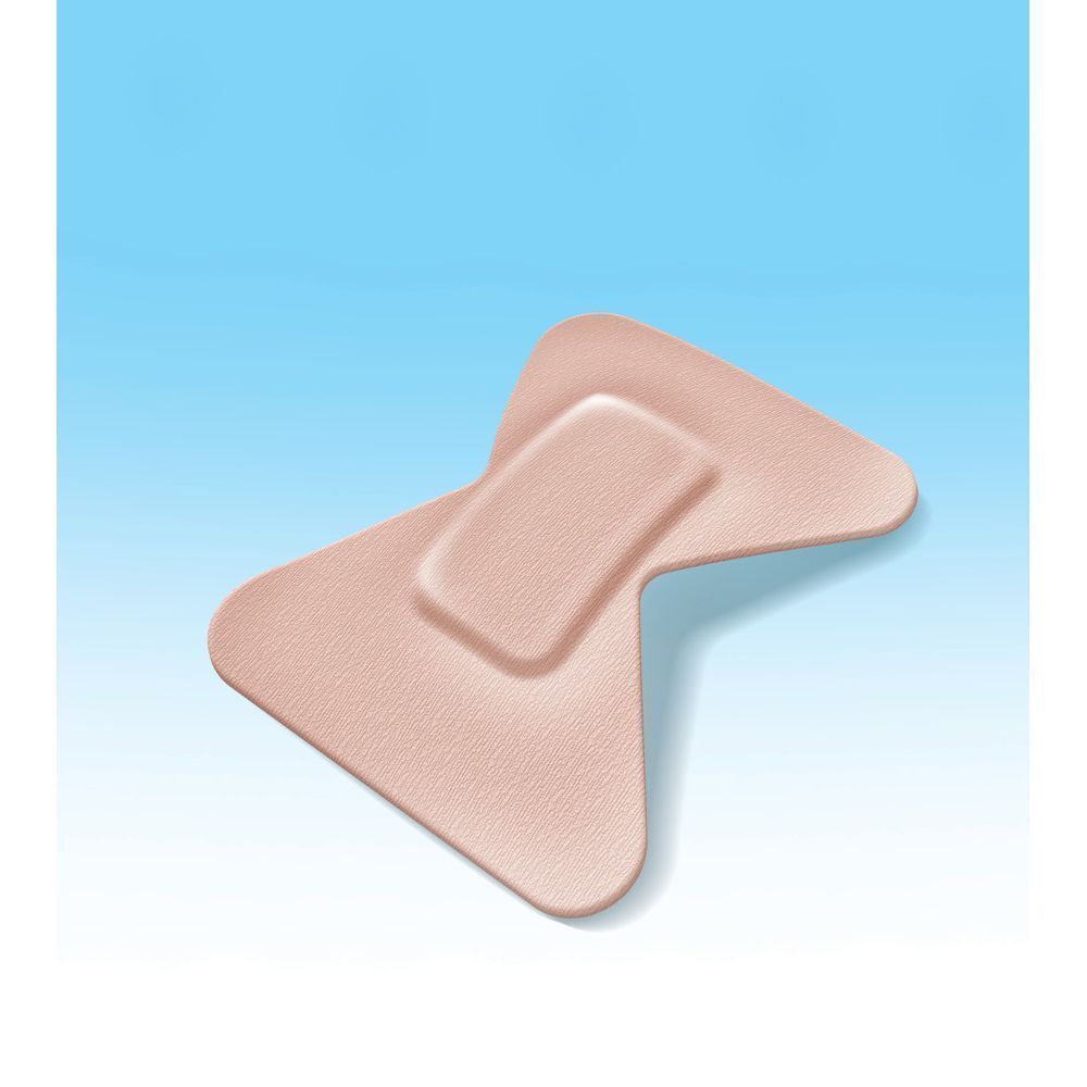 Deux pansements pour doigts Nexcare côte à côte. Couleur beige, forme triangulaire avec coussin central.