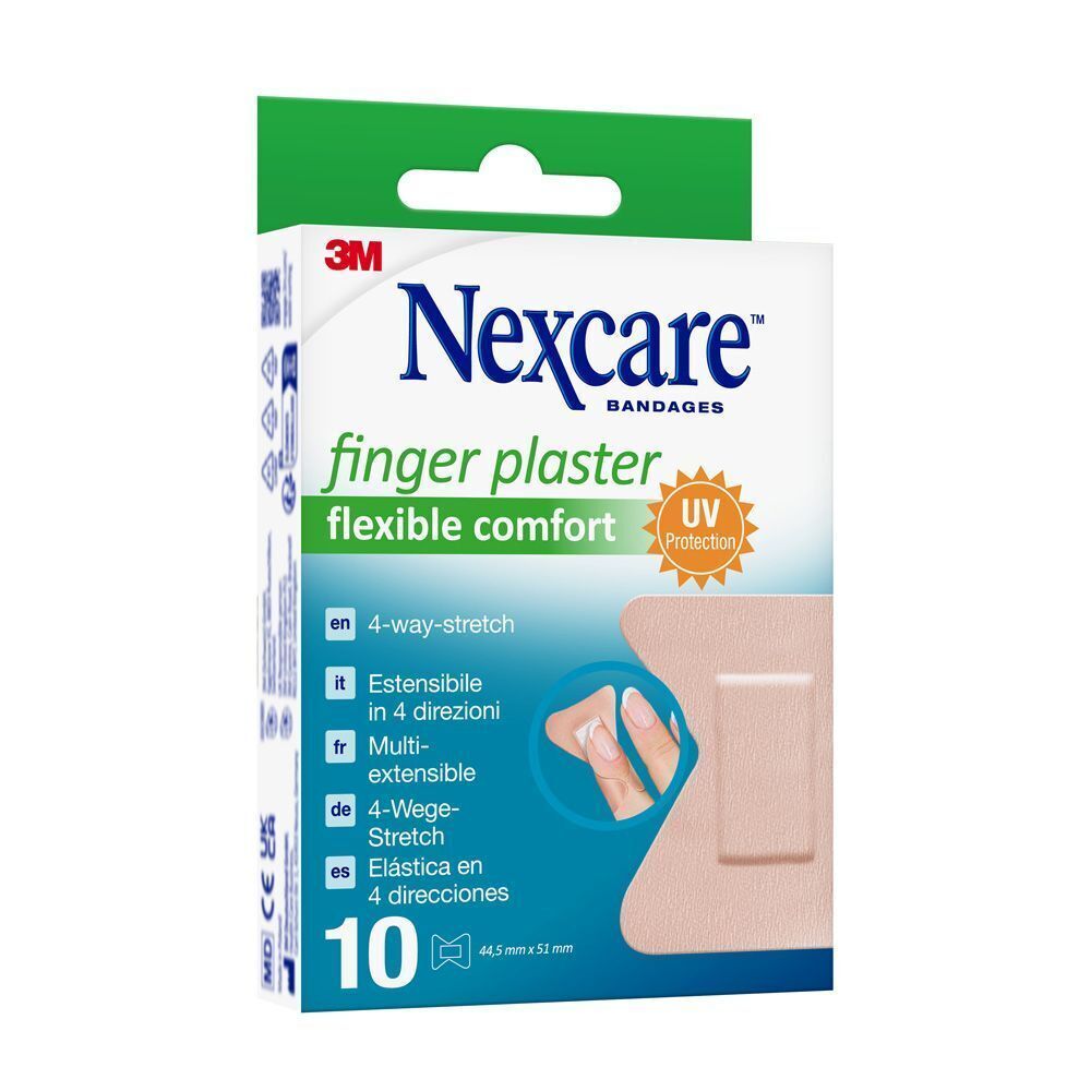 Een pak Nexcare vingerpleisters, 10 stuks. Toont 4-weg stretch en UV-bescherming.