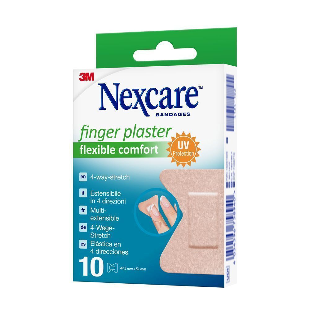 Un paquet de pansements pour doigts Nexcare, 10 pièces. Montre l'élasticité 4 directions et la protection UV.