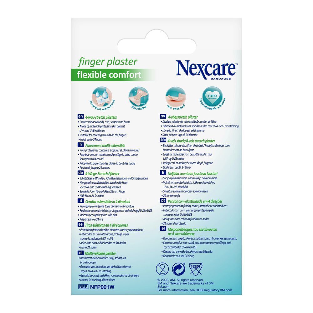 Achterkant van een pak Nexcare vingerpleisters met productinformatie in meerdere talen.