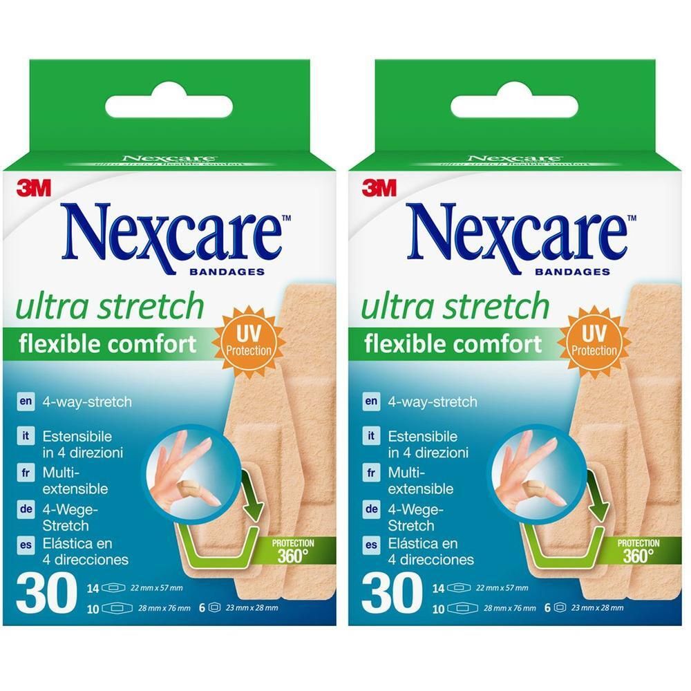 Boîte de 30 pansements Nexcare Ultra Stretch, extensibles dans 4 directions, confort flexible.