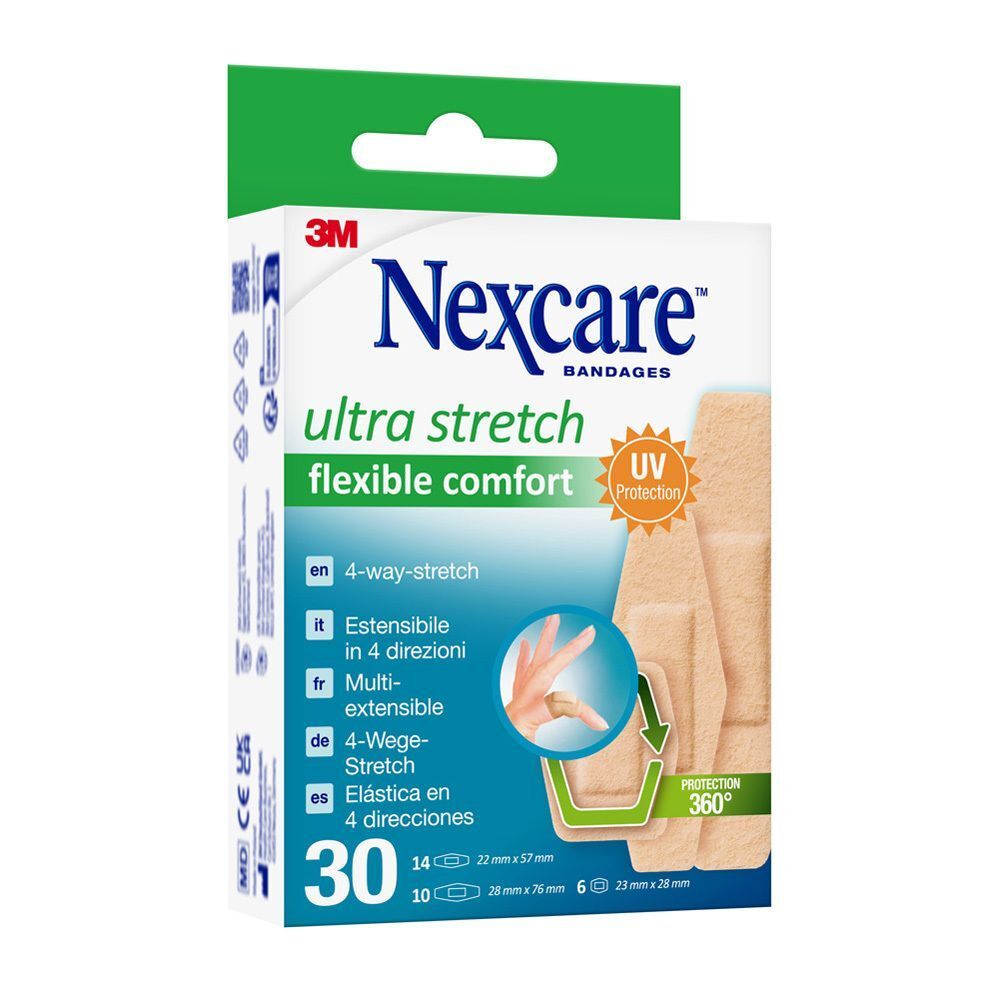 Verpakking met 30 Nexcare Ultra Stretch pleisters, 4-weg stretch, flexibel comfort.