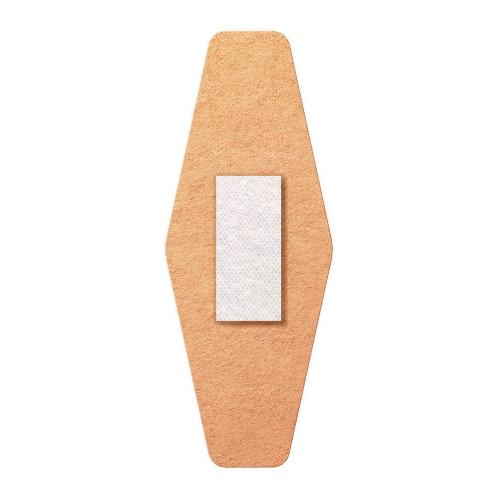 Enkele Nexcare Ultra Stretch pleister, beige, ruitvormig, met zichtbaar wondcompressen.