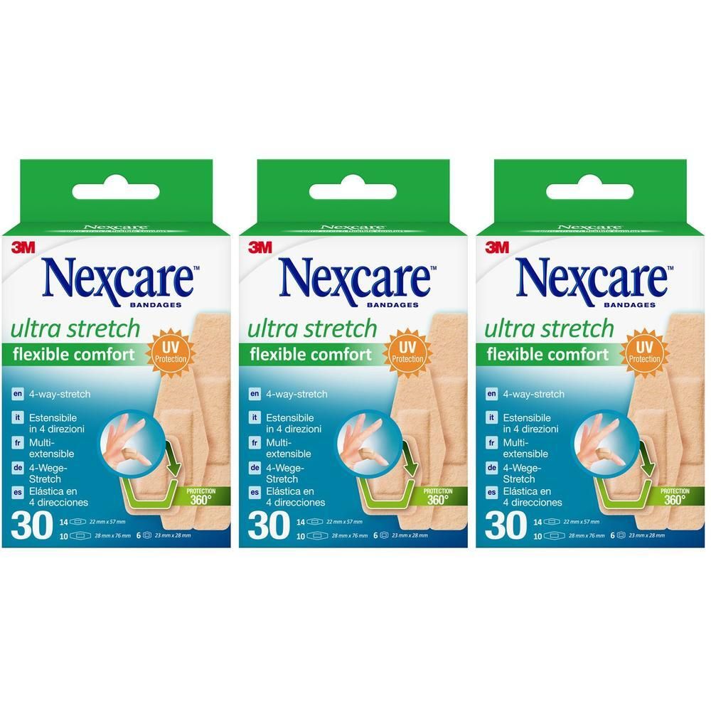 Trois boîtes de pansements Nexcare Ultra Stretch, 30 pansements, extensibles dans 4 directions, confort flexible.