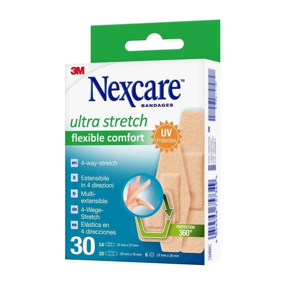 Une boîte de pansements Nexcare Ultra Stretch, 30 pansements, extensibles dans 4 directions, confort flexible, protection UV.