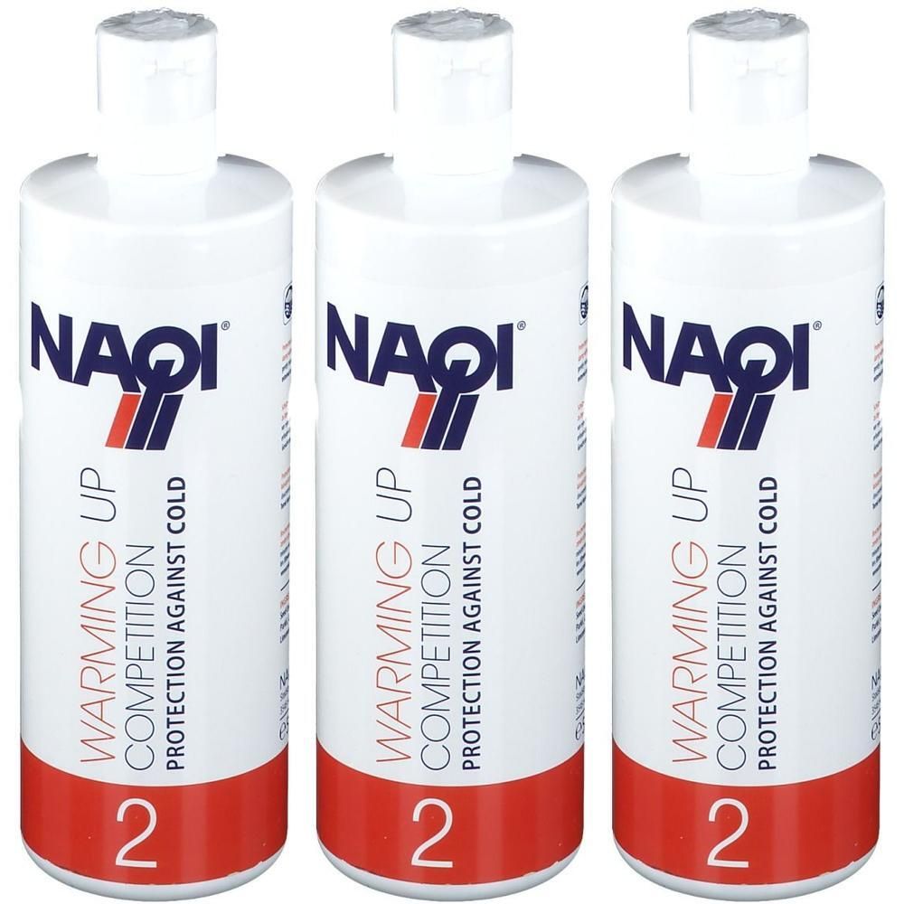 Drie witte flessen NAQI Warming Up Competition met rood en blauw etiket. Bescherming tegen kou.