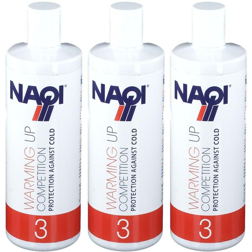 Trois bouteilles blanches avec une bande rouge et l'inscription 'NAQI Warming Up Competition'.