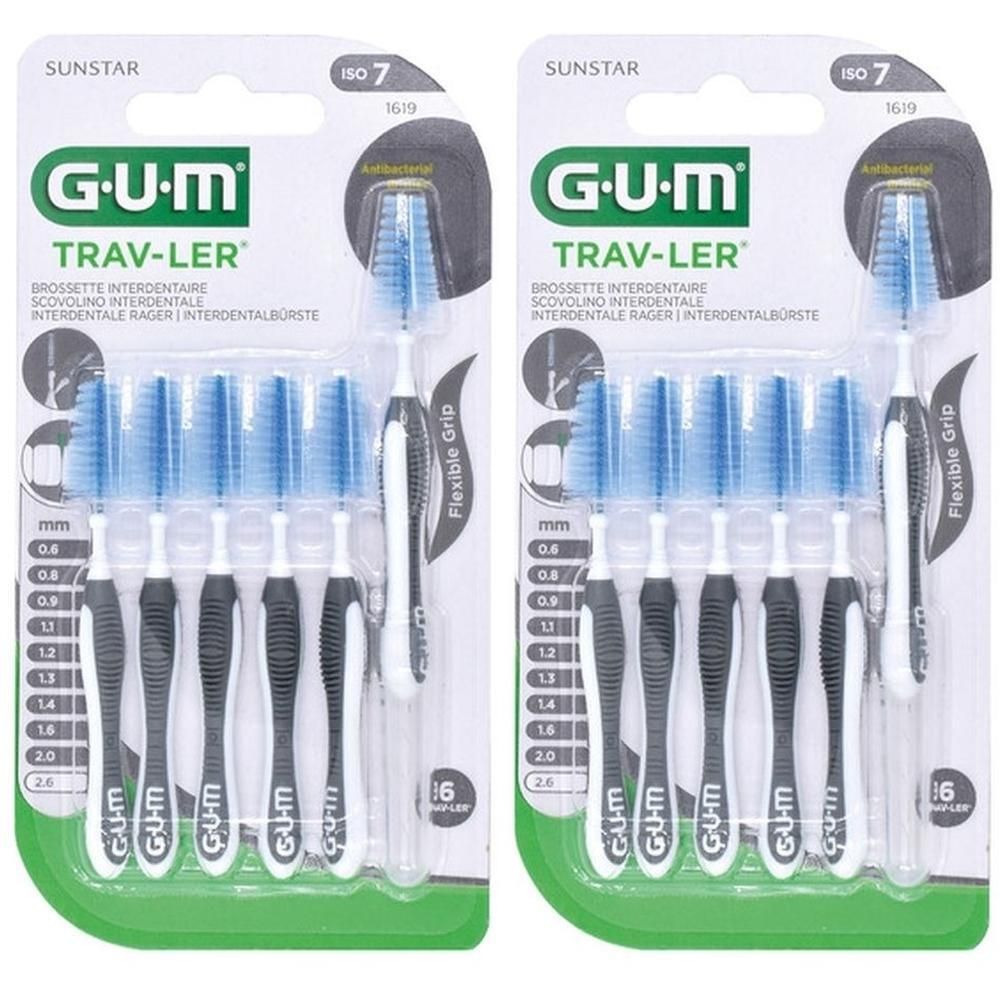 Brossettes interdentaires GUM TRAV-LER, paquet de 6. Poils bleus, manches blancs et noirs.