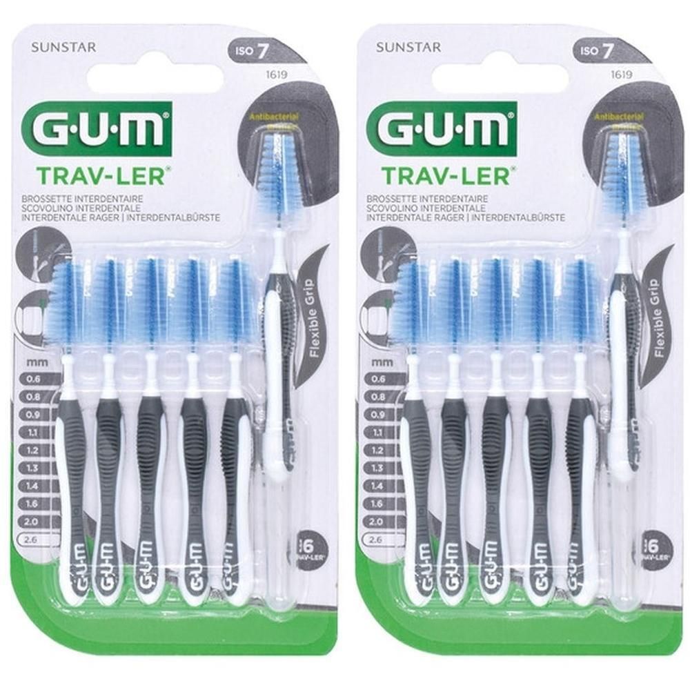GUM TRAV-LER interdentale borstels, verpakking van 6. Blauwe borstels, witte en zwarte handvatten.