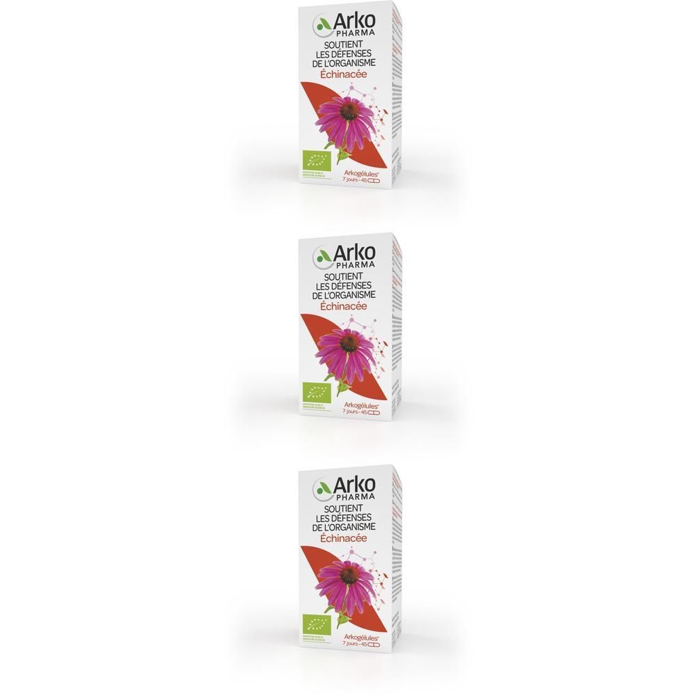 Trois boîtes Arkopharma Échinacée Bio pour les défenses de l'organisme. Avec fleur violette.