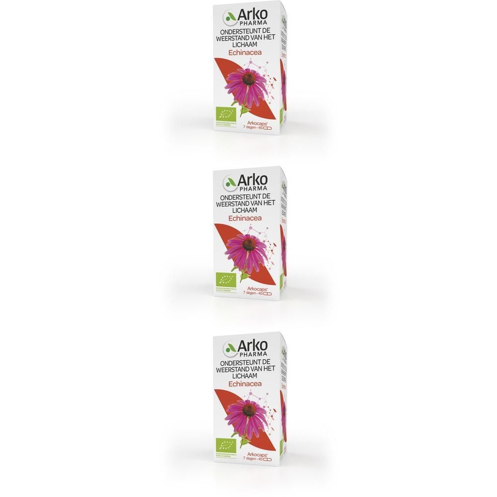 Drie pakken Arkopharma Echinacea Bio voor de weerstand van het lichaam. Met paarse bloem.