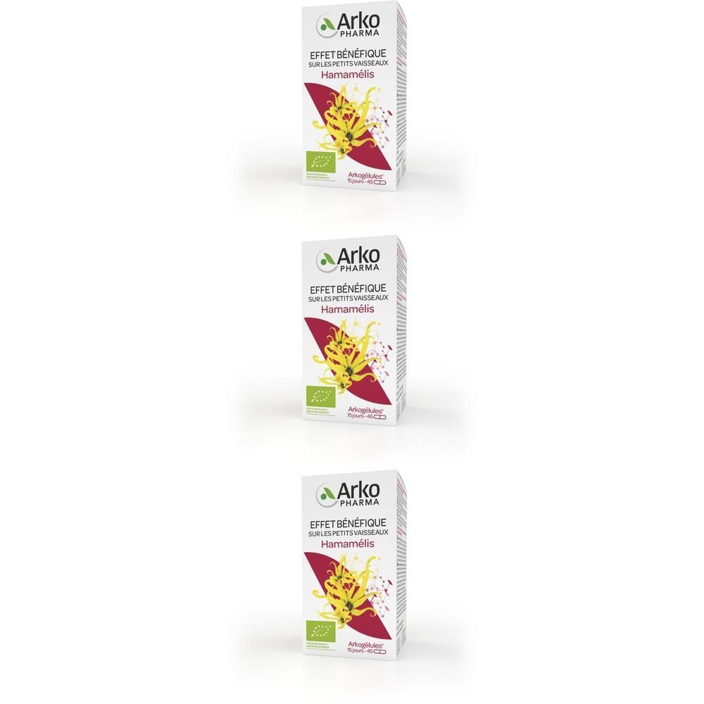 Trois boîtes Arkogélules Hamamelis Bio avec motif Hamamélis.
