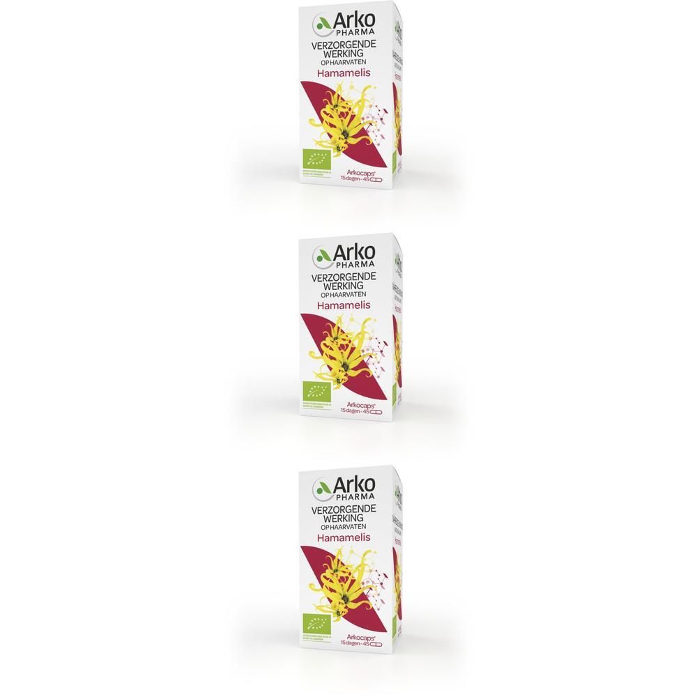 Drie verpakkingen Arkogélules Hamamelis Bio met Hamamelis-afbeelding.