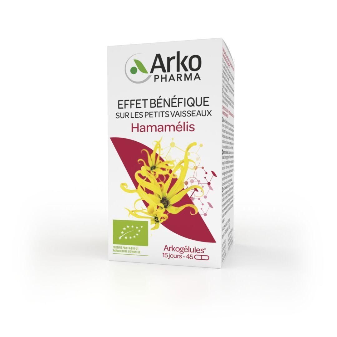 Emballage Arkogélules Hamamelis Bio avec label bio et motif floral.