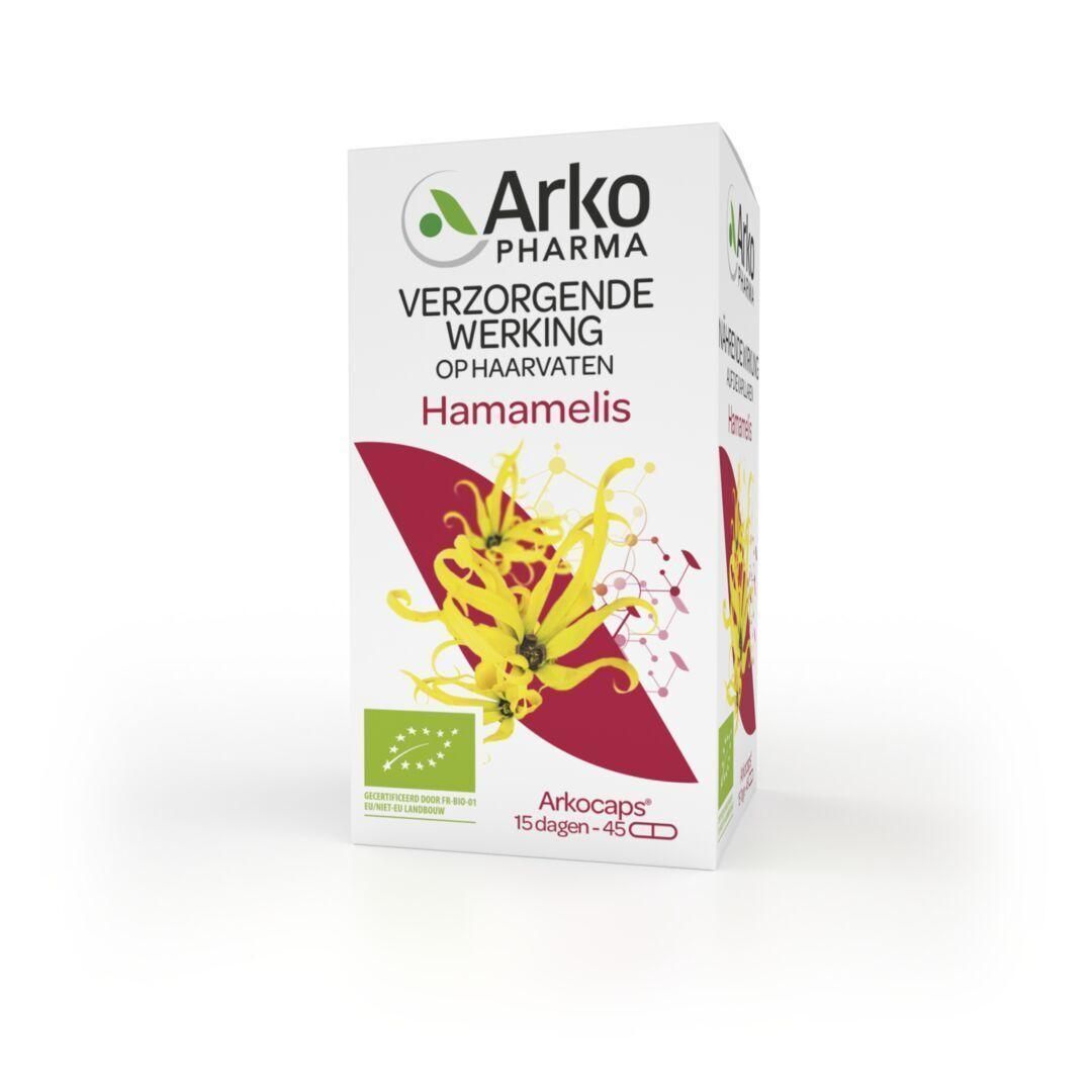 Arkogélules Hamamelis Bio verpakking met bio-keurmerk en bloemmotief.