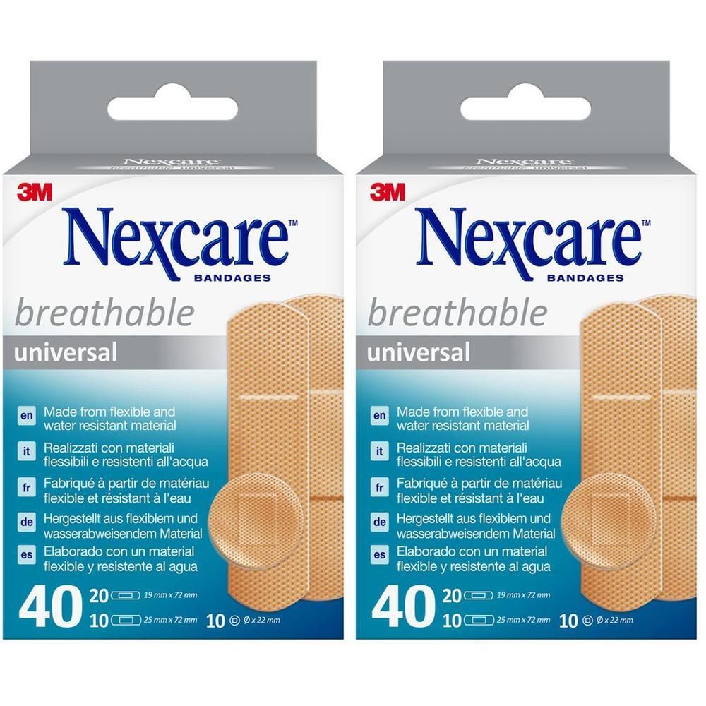 Twee pakken Nexcare ademende universele pleisters, 40 per pak. Beige, flexibel en waterbestendig.