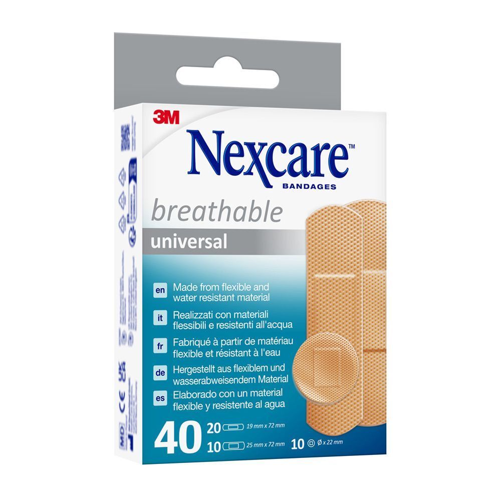 Un paquet de pansements universels respirants Nexcare, 40 pièces. Beige, souple et résistant à l'eau.