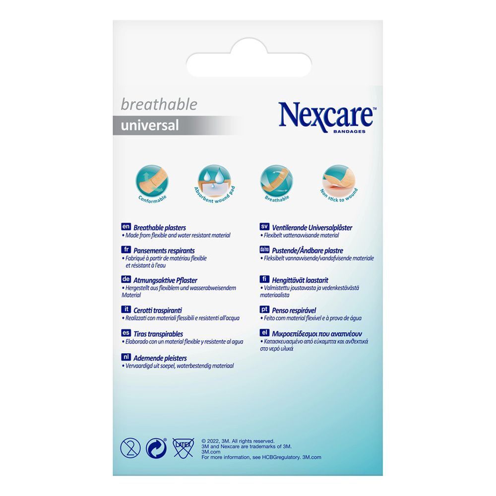Achterkant van een pak Nexcare ademende universele pleisters. Toont iconen voor ademend vermogen en waterbestendigheid.