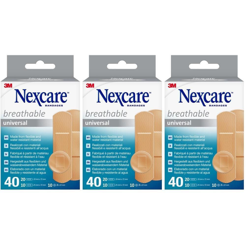 Drie pakken Nexcare ademende universele pleisters. Elk pak bevat 40 pleisters.