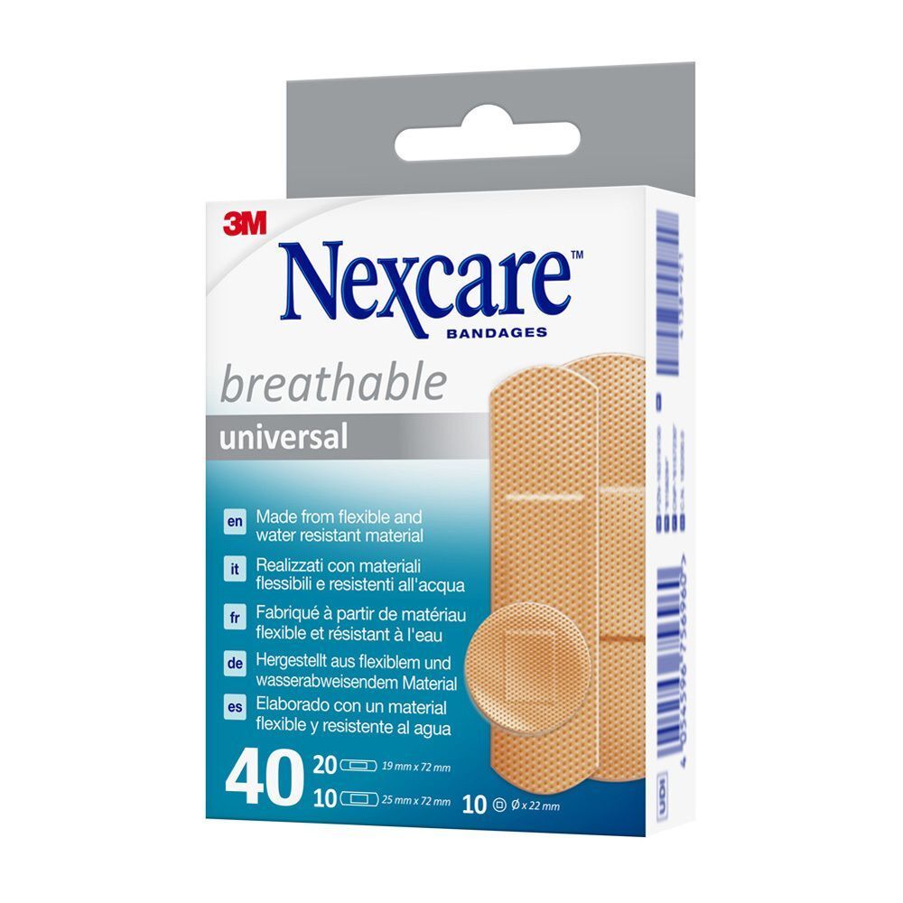 Eén pak Nexcare ademende universele pleisters. Bevat 40 pleisters, flexibel en waterbestendig.
