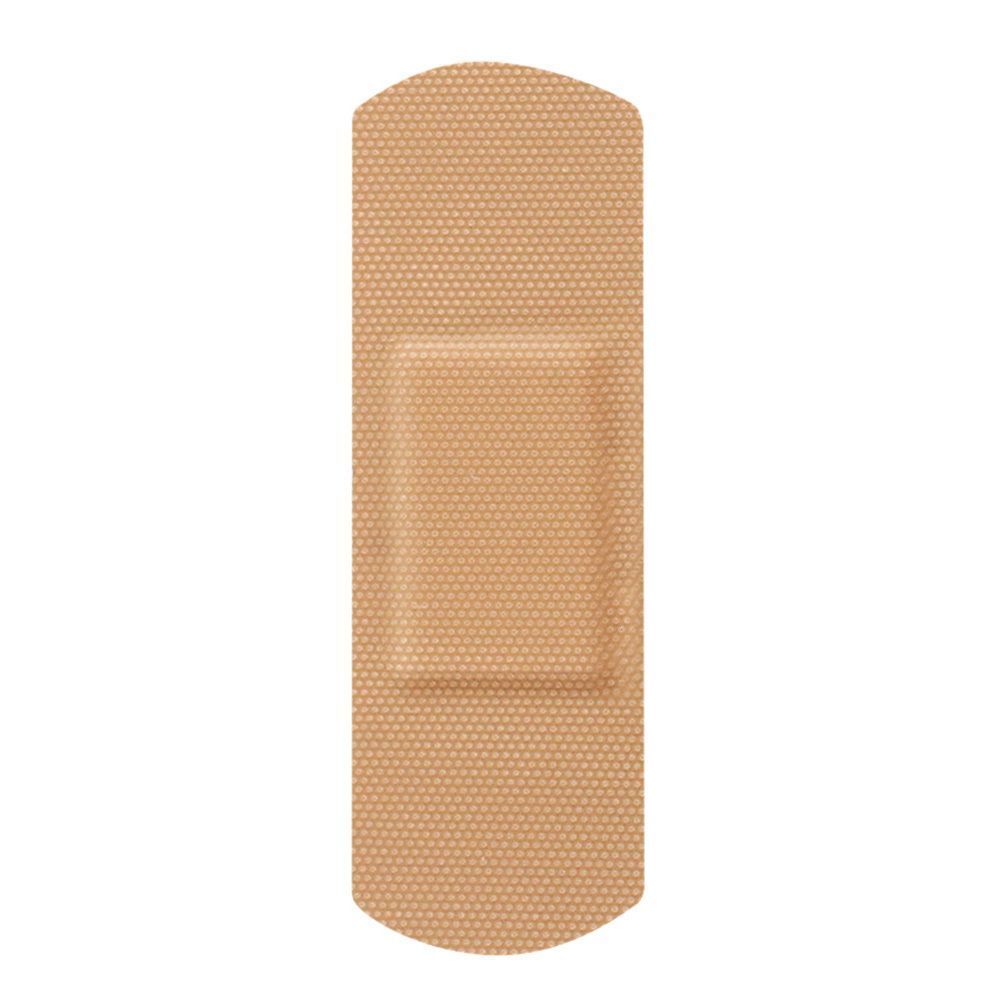 Een enkele Nexcare ademende universele pleister, beige, met rasterpatroon en centraal wondkussen.