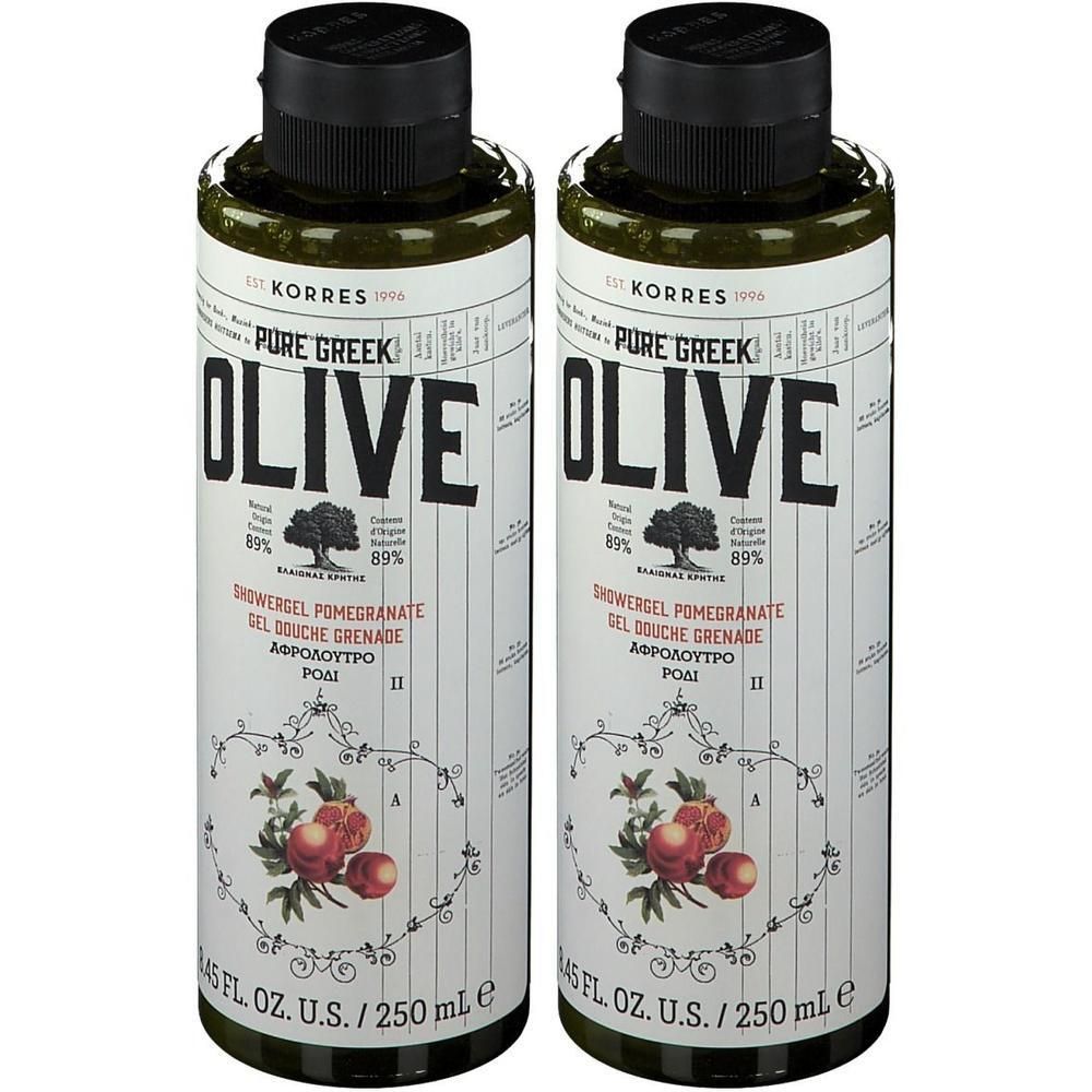 Twee flessen Korres Pure Greek Olive Shower Gel Pomegranate, elk 250 ml.
